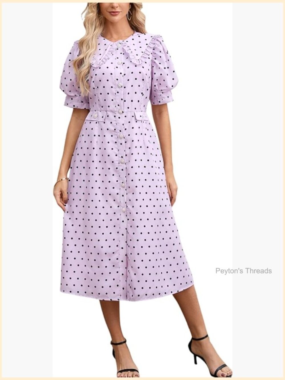 Puff Sleeve Peter Pan Collar Polka Dot Midi Dress with Pockets - Picture 1 of 7